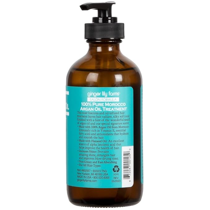 Ginger Lily Farms Salon Formula 100% Pure Morocco Argan Oil Treatment for All Hair Types, 100% Vegan & Cruelty-Free, 8 fl. oz.