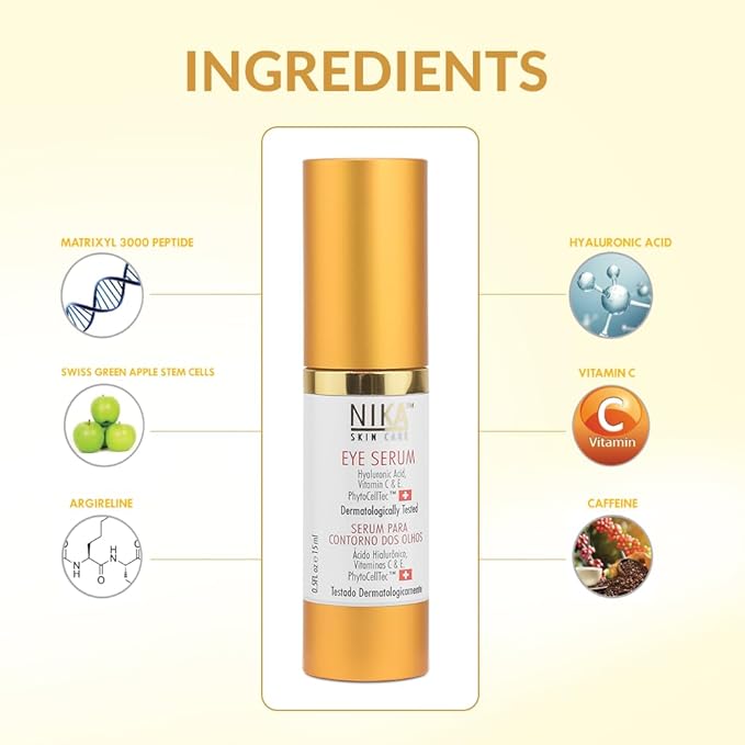 NIKA SKIN CARE - Eye Serum with Vitamin C & E, Hyaluronic Acid, Caffeine, and Swiss Apple Stem Cells - Day & Night