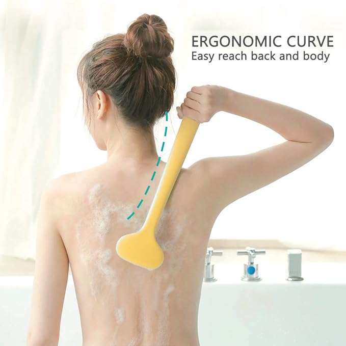 Upgraded Bath Body Brush with Comfy Bristles Long Handle Gentle Exfoliation Improve Skin's Health and Beauty Bath Shower Wet or Dry Brushing Body Brush (14 inch, Gold)