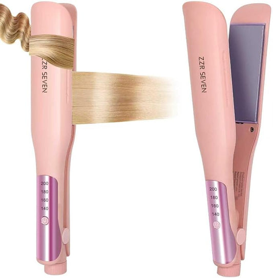 Hair Straightener, 1.5” Flat Iron and Curler 2 in 1, Ceramic Coating, Quick Heat Up, 4 Temp. Options, for All Hair Type, Less Frizz, Shinier and Smoother, Dual Voltage for Travel (Pink)