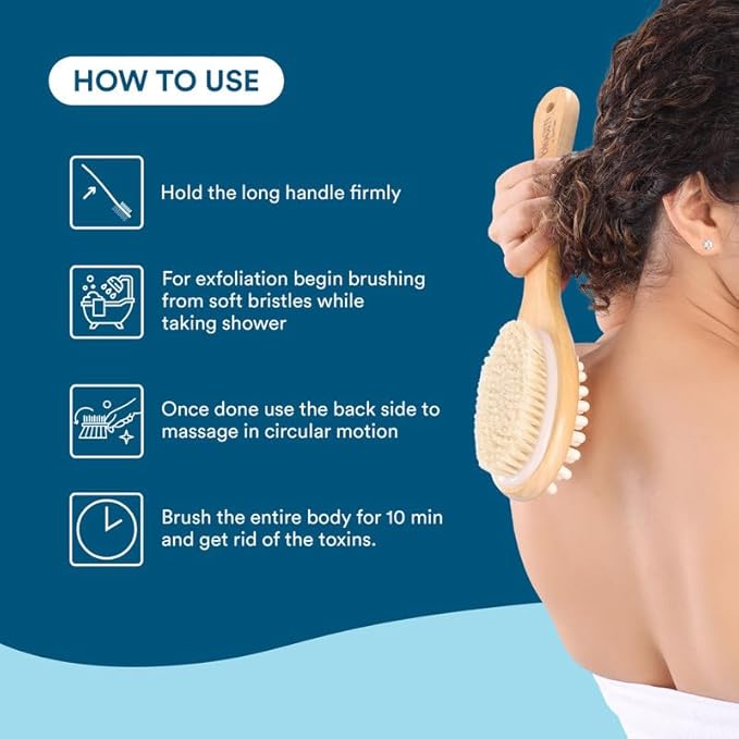 Bloom 2-in-1 Long Handle Body Brush | 1 Unit | for Skin Exfoliation and Massage | Reduces Cellulite | Stimulates Blood Circulation & Reduces Dead Skin Cells | Natural, Soft Bristles