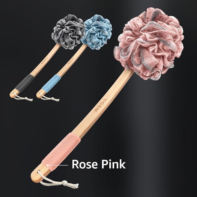 Toem® Loofah Back Scrubber for Shower | Bamboo Charcoal Fiber Infused | Loufas for Men & Women | Includes 1 Long Handled Shower Sponge, 1 Bath & Shower Luffa Pouf & 1 Hook to Hang Stuff (Rose Pink)
