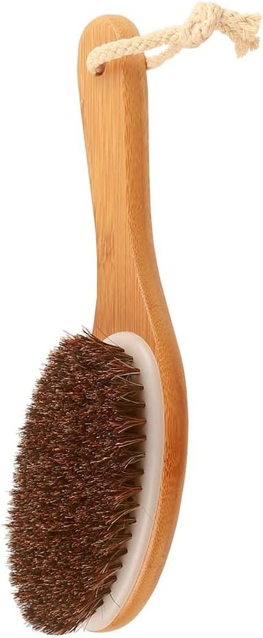 Curved Handle Dry Bath Body Brush Scrubber with Natural Bristles, 9.84 Inch Wood or Bamboo Handle Shower Brush for Detox, Exfoliating, Cellulite, etc. (Brown Horsehair Bamboo Handle)