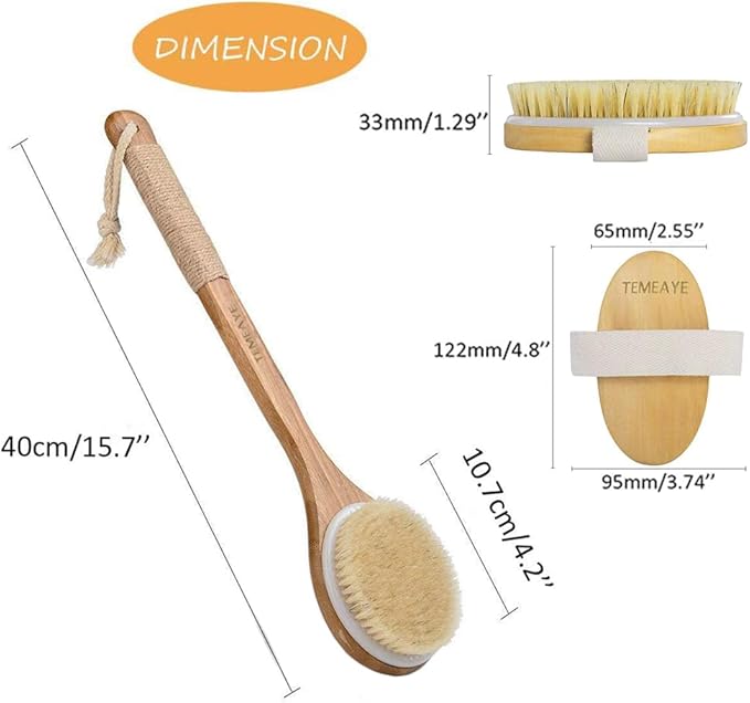TEMEAYE Dry Brushing Body Brush Sets Wooden Handle Combined with Medium Strength Natural Bristles Gentle Exfoliator Remove Cellulite Lymphatic Drainage Makes The Skin of The Entire Body Softer
