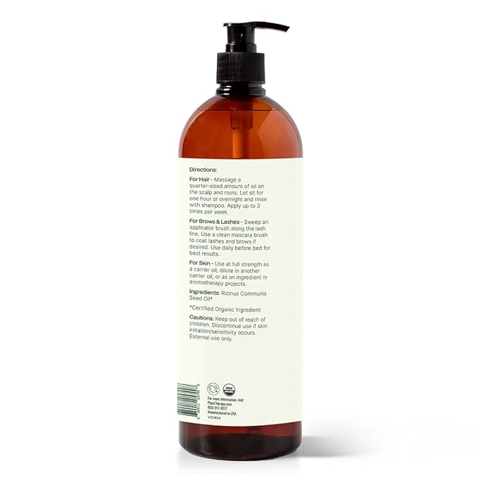Plant Therapy Organic Castor Oil 32oz - 100% Pure & Natural Grade for Nourishing Hair and Skin Treatment - Cold Pressed - USDA Certified - Hexane Free - Stimulates Hair Growth, Treats Dry Skin