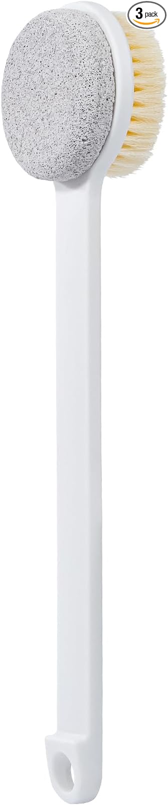 Pumice Stone and Shower Brush with Long Handle, Hard Skin Callus Remover, 2 in 1 Foot Scrubber, Back Scrubber for Shower Deep Cleansing and Exfoliation, Dry Brushing Body Brush (Straight)