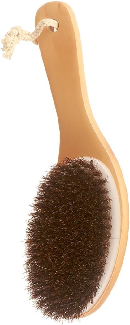 Curved Handle Dry Bath Body Brush Scrubber with Natural Bristles, 9.84 Inch Wood or Bamboo Handle Shower Brush for Detox, Exfoliating, Cellulite, etc. (Brown Horsehair Wood Handle)