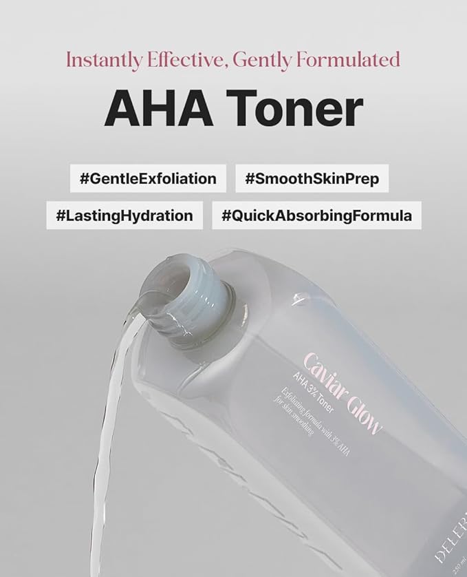Delere Caviar AHA 3% Glow Toner | Korean Collagen Exfoliating Toner | Korean Exfoliator for Radiance, Collagen Skin Care, 250ml
