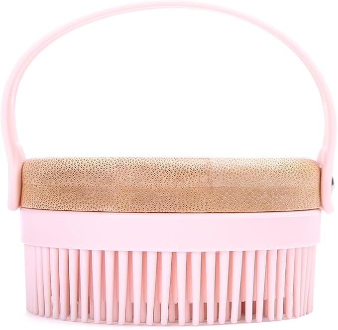 Bamboo & Silicone Body Scrubber for Shower – Gentle Exfoliating Bath Brush with Soft Bristles, Easy-Foam Design, Quick-Dry, Ergonomic Strap Handle, Eco-Friendly, for Women & Men (Pink)