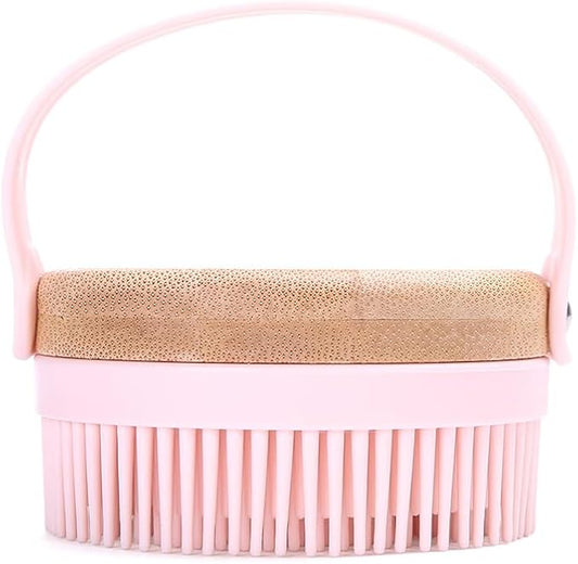 Bamboo & Silicone Body Scrubber for Shower – Gentle Exfoliating Bath Brush with Soft Bristles, Easy-Foam Design, Quick-Dry, Ergonomic Strap Handle, Eco-Friendly, for Women & Men (Pink)