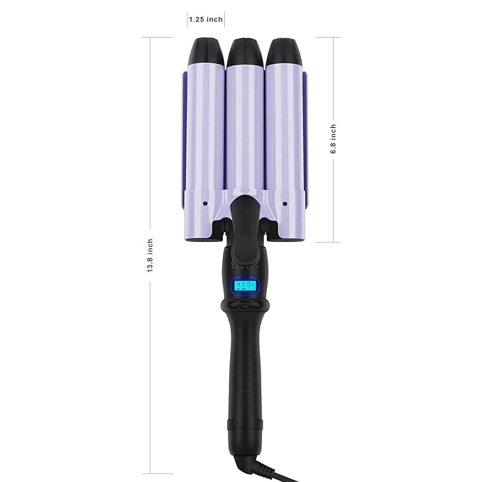 32mm Aima Beauty Big Wave Curling Iron Mermaid Hair Waver 3 Barrel Hair Crimper LCD Display Extra Long Barrel Multiple Temperature Negative Ionic Fast Heat Up (Purple)