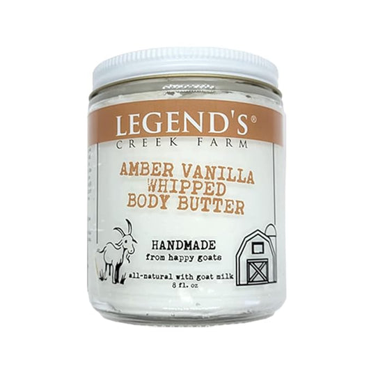 Legend's Creek Farm, Goat Milk Body Butter - Hydrating Natural Body Moisturizer with Organic Shea Butter & Grape Seed Oil - 8 Oz Purifying & Toning Whipped Body Butter (Amber Vanilla)