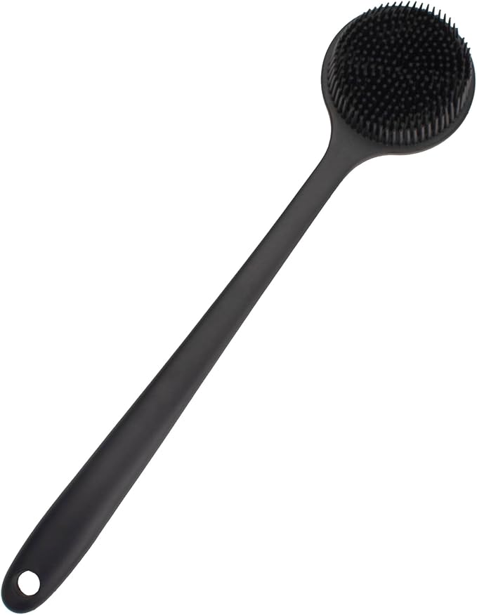 Back Scrubber for Shower, Soft Silicone Back Shower Brush Bath Body Scrubber with Long Handle for Men Women (Black)