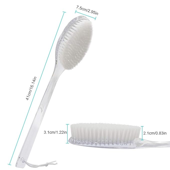Body Dry Brushing Back Scrubber With Curved Plastic Long Handle - Clear Bath Shower Brush for Dry Skin Exfoliating, Cellulite - for Men and Women (Transparent Handle)