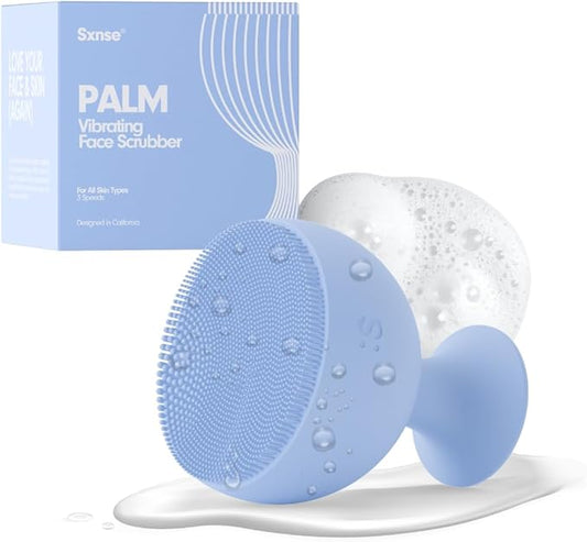 Palm Face Clean Pro⁺ - Electric Silicone Face Scrubber for Acne with 7000+ Sonic Pulses - IPX7 Waterproof Rechargeable Exfoliator with Slip-Free Grip, 3 Speed Settings & Phthalate-Free - Arctic