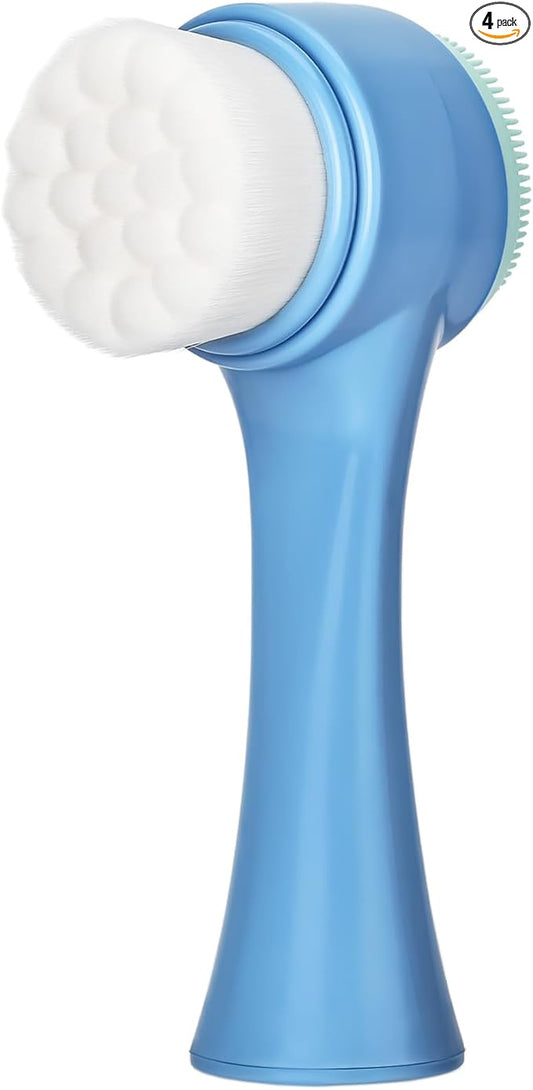 Face Brush 2 in 1, Facial Cleansing Exfoliating Scrubber Brush, Silicone Double Side Manual Face Wash Scrub Brush with Soft Fiber for Deep Pore Cleansing, Massaging, Skin Care,Blue