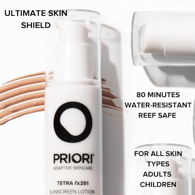 Priori Skincare Tetra Sunscreen Lotion Broad Spectrum SPF 55 Universal Skin Tint, Zinc Oxide Facial Sunscreen, Blue Light Protection, Antioxidant, Matte Finish 1.7 fl oz