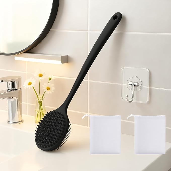 Silicone Body Scrubber for Shower Men Women – Dual-Sided Exfoliating & Massage Shower Brush with Long Handle, Creates Rich Lather, Includes 1 Hook & 2 Lather Balls (Black).