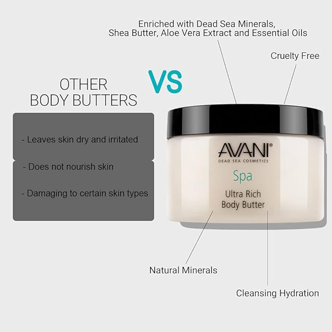 Avani Ultra Rich Body Butter - Dead Sea Salt, Aloe Vera, Vitamin E, Shea, Jojoba, Sunflower, Olive Essential Oil - Natural Butter for All Skin Types - Milk/Honey Fragrance