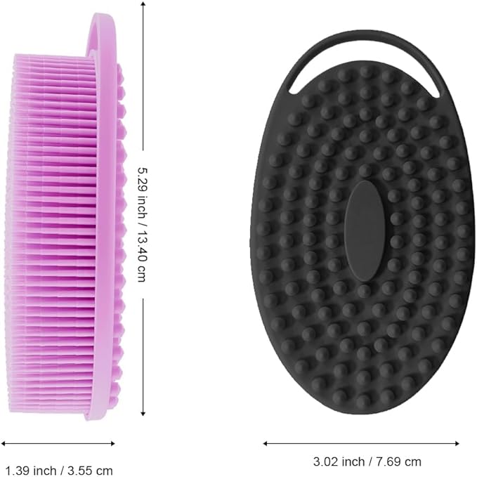 Soft Silicone Body Shower， Exfoliating Silicone Body Scrubber, Silicone Loofah 2 in 1 Bath and Shampoo Brush, Body Scrubber Shower Easy to Clean for Sensitive Skin, Lather Well 2 PCS Black and Purple