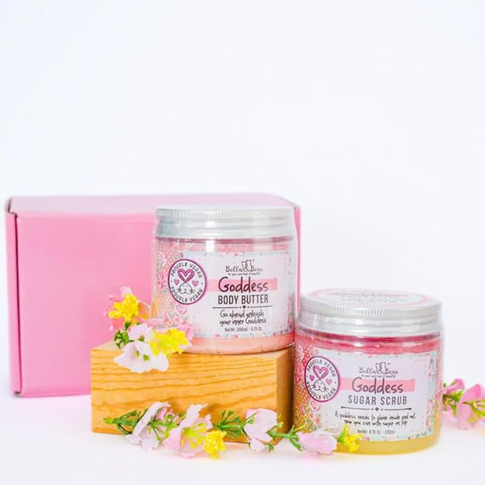 Bella & Bear Gift Set - 3-in-1 Body Scrub & Goddess Body Butter in Glossy Pink Box - Vegan, Cruelty-Free, Mango-Pineapple-Coconut Scent