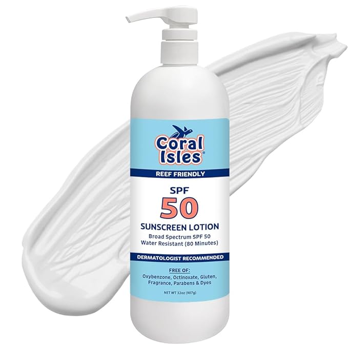 Coral Isles by Rocky Mountain Sunscreen | SPF 50 Lotion | Broad Spectrum UVA/UVB Protection | Hawaii Reef-Safe Act Compliant | Oxybenzone & Octinoxate Free | Water Resistant 80 Min. | 32 Fl Oz