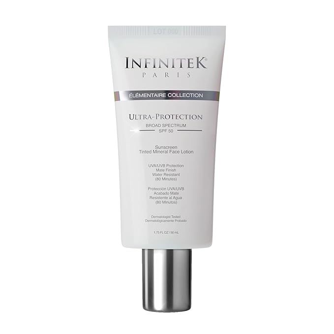 Infinitek Paris Skin Care Face Sunscreen Tinted Mineral Moisturizer Lotion SPF 50, 1.75Fl Oz - UVA/UBV and Blue Light Protection, Matte Finish, Water Resistant, Daily Lightweight Facial Sunblock