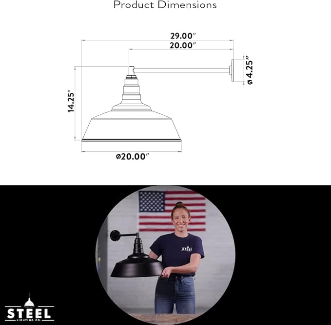 Steel Lighting Co. | Dusk to Dawn | Redondo Barn Light | Outdoor Wall Mounted | 20 inch Dome | 20 inch Straight Arm | Large Farmhouse Light Made in America | Cream/Brass