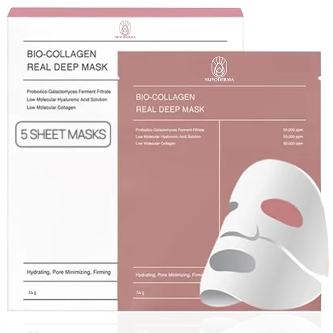 Bio Collagen Face Mask (5 Pack), Overnight Deep Hydrating Collagen Mask for All Skin Types, Anti-Aging Collagen Sheet Mask, Helps to Minimize Wrinkles, Restores Skin Elasticity & Plumpness