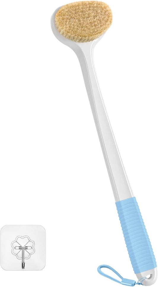 Back Scrubber for Shower with 17" Long Handle, Non-Slip Grip Dry Brushing Body Brush, Natural Boar Bristles Shower Brush for Lymphatic Drainage, for Men & Women Use - White with Blue Handle