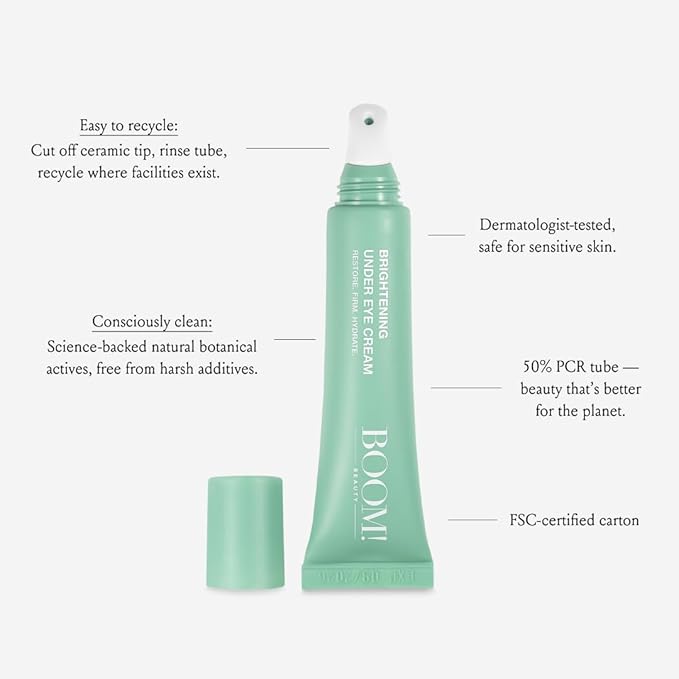 Boom Awaken Cooling Under Eye Cream - Targets Puffiness & Uneven Tone with Vitamin C, Licorice Root, Wild Mint, Green Tea & Hyaluronic Acid - Lightweight, Refreshing, Vegan Formula - 0.5 oz