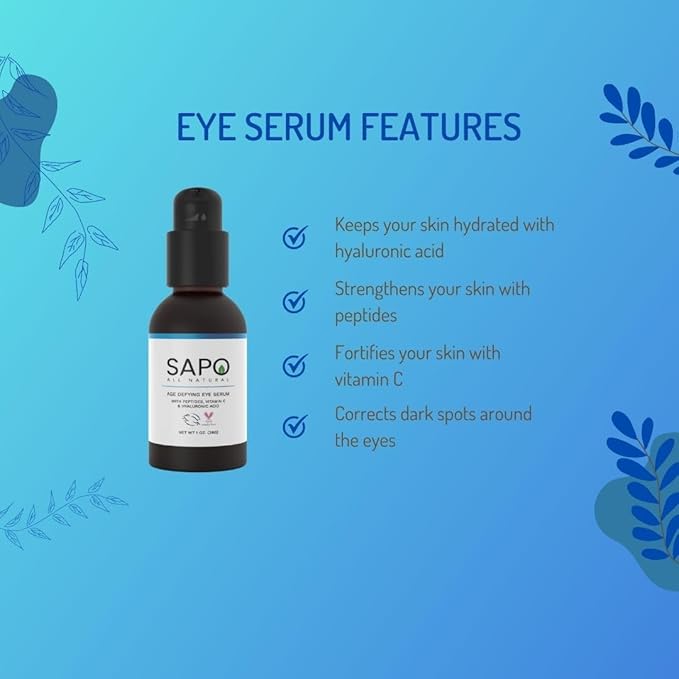 Sapo Eye Serum for Dark Circles and Puffiness, Peptide Eye Gel with Hyaluronic Acid, Vitamin C, Chamomile, and Bergamot, Brighten and Smooth Under Eyes, 1 oz