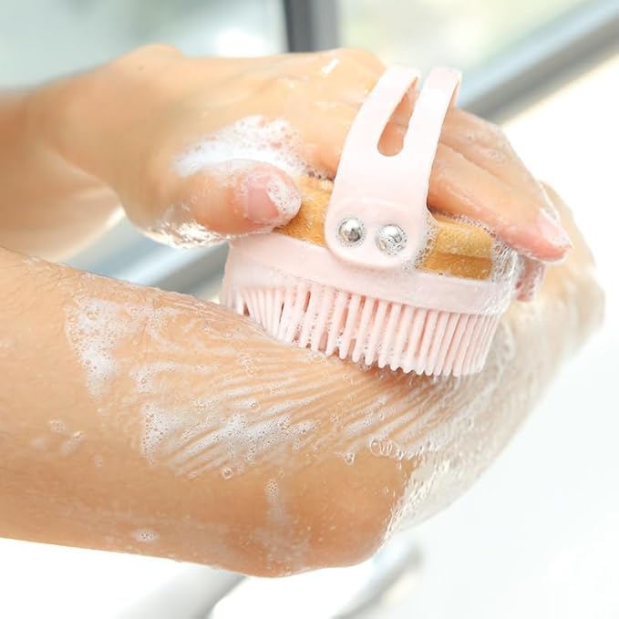 Bamboo & Silicone Body Scrubber for Shower – Gentle Exfoliating Bath Brush with Soft Bristles, Easy-Foam Design, Quick-Dry, Ergonomic Strap Handle, Eco-Friendly, for Women & Men (Pink)