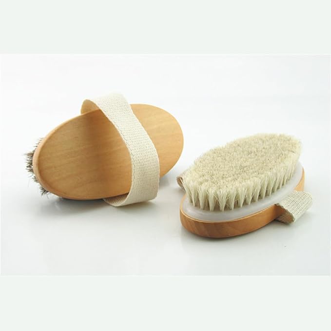 Wooden Soft Horsehair Mane Natural Bristles Bath & Shower Brush, 5x2.8 Inch Oval Shape Dry Body Brush Scrubber for Exfoliating, Detox and Cellulite, etc. (Brown Horsehair)