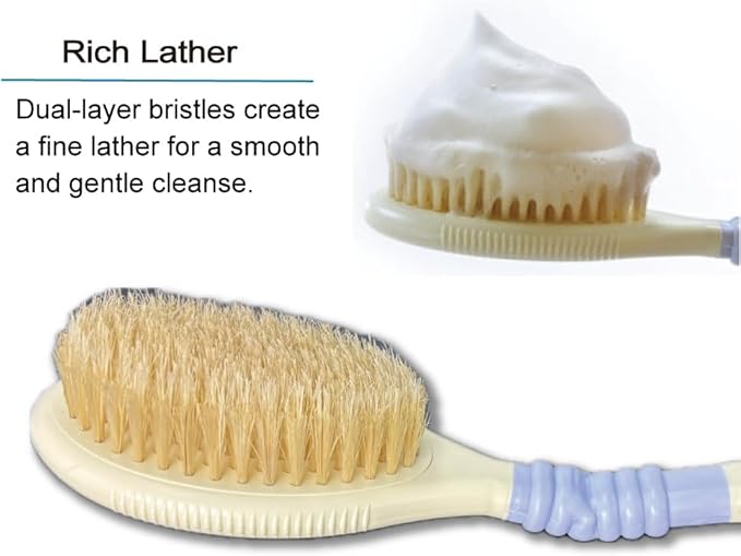 Back Scrubber for Shower [Made in Japan] Flexible Head Wet or Dry Brushing Body Brush, Natural Boar Bristle, Long Handle Exfoliating