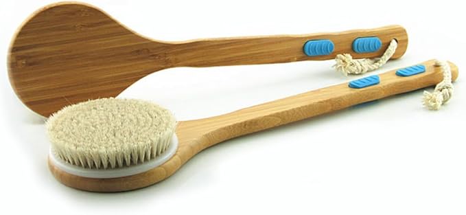 17” Extra Long Handle Dry Bath Body Brush Back Scrubber, Anti-Slip Bamboo Handle Bath & Shower Brush with Soft Dense Horsehair Mane Natural Bristles. (Brown)