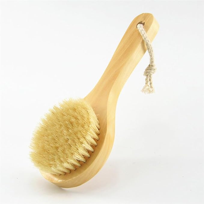 Wooden Short Handle Dry Body Brush Scrubber, 7.87 Inch Natural Bristles Bath & Shower Brush Scrubber.