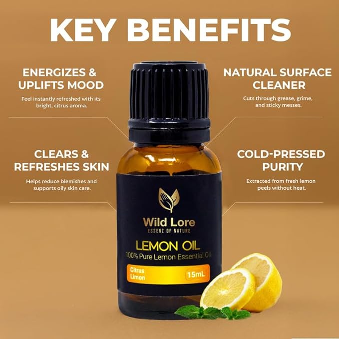 Lemon Essential Oil, 15ml, 100% Pure and Natural, Cold Pressed from Lemon Peel, Aromatherapy Oil for Diffuser, Skin, Hair, Natural Cleaning, Home Freshening, Pack of 2