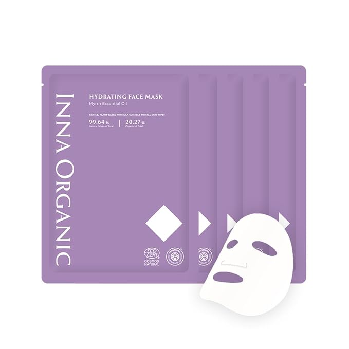 INNA ORGANIC Sheet Mask - Deep & Long Hydration, EWG & COSMOS Certified (Pack of 5) | Myrrh Essential Oils Infused Skin Care | Luxury Clean Beauty