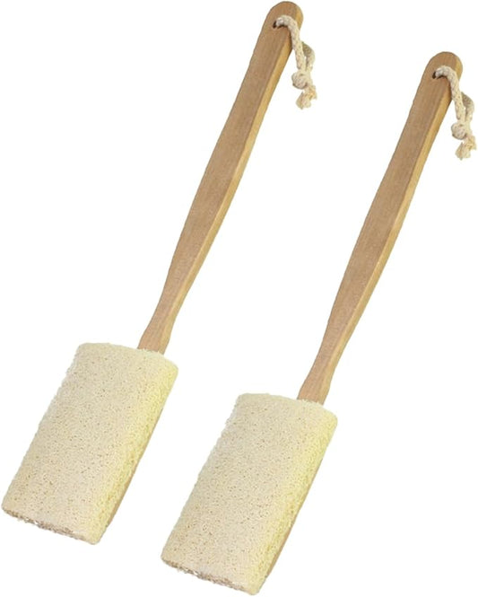 2-Pack Natural Loofah Exfoliating Bath Brush with Long Wooden Handle,Loofah Exfoliating Body Scrubber,Back Lufas for Men&Women