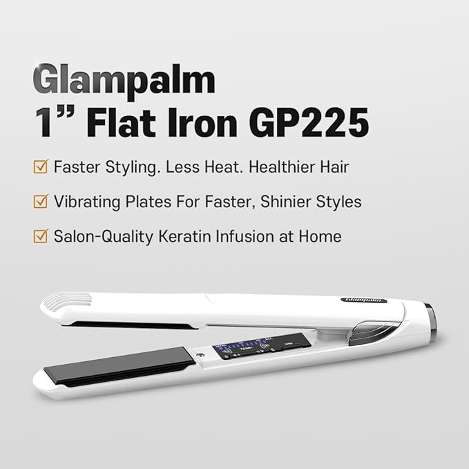 GLAMPALM Hair Straightener 1" Ceramic Flat Iron with Vibrating Plates, Korea's No.1 Professional Salon Tool, 3D Swivel Cord & Dual Voltage, 11 Heat Settings(140°–450°), 25s Fast Heat-Up, White (GP225)