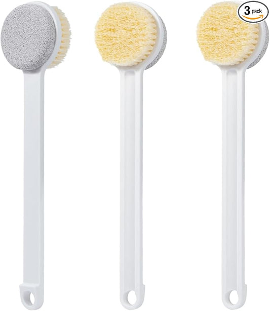 Pumice Stone for Feet and Shower Brush with Long Handle, 3Pcs Hard Skin Callus Remover, 2 in 1 Foot Scrubber Brush, Back Scrubber Body Brush for Shower Deep Cleansing and Exfoliating, Straight