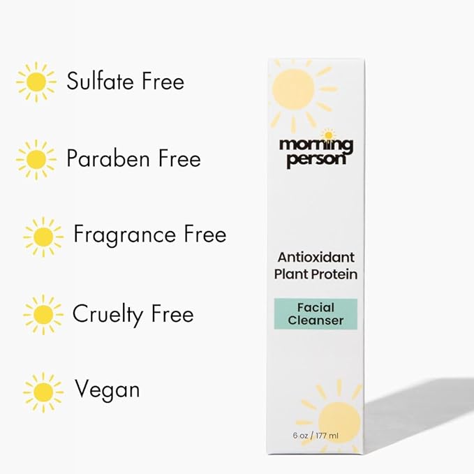 Morning Person Antioxidant Plant Protein Facial Cleanser - Calming And Soothing With Green Tea And Aloe Vera - Hydrating And De-Puffing - Sulfate and Paraben Free