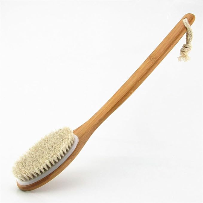 18” Extra Long Handle Dry Bath Body Brush Back Scrubber, Bent Bamboo Handle Bath & Shower Brush with Soft Dense Horsehair Mane Natural Bristles. (White)