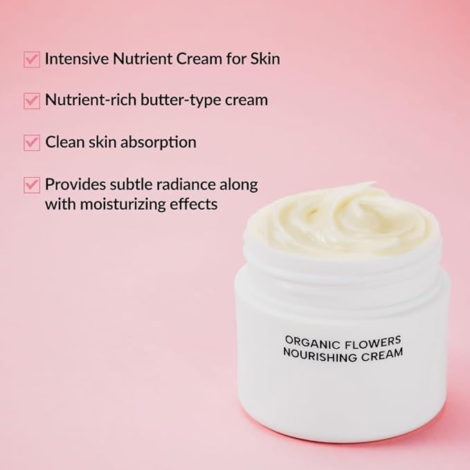 Whamisa Organic Flowers Nourishing Cream, 95.2% Organic, Waterless Formula, Fermented Postbiotic for Deep Hydration & Soothing, Moisturizing (50ml)