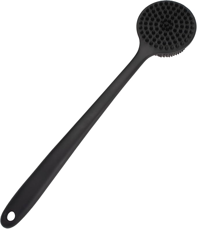 Back Scrubber for Shower, Soft Silicone Back Shower Brush Bath Body Scrubber with Long Handle for Men Women (Black)