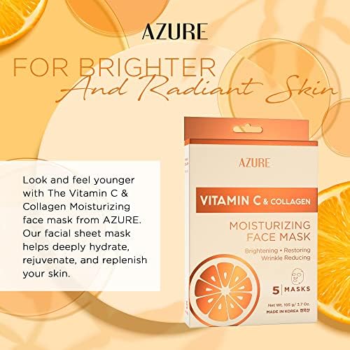 Azure Cosmetics Vitamin C & Collagen Moisturizing Facial Sheet Mask- Anti Aging, Deeply Moisturizing & Firming - Improves Elasticity - Skin Care Made in Korea - Pack of 5