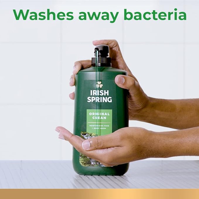 Irish Spring Men's Body Wash Pump, Original Clean Body Wash for Men, Smell Fresh and Clean for 24 Hours, Cleans Body, Hands, and Face, Made with Biodegradable Cleansing Ingredients, 30 Oz Pump