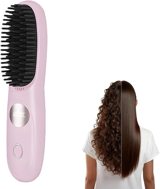 Cordless Hair Straightener Brush, Portable Mini Hair Straightening Brush with 3 Temperature Settings & LED Display, USB Rechargeable Fast Heating Hairs Brush for Travel (Pink)