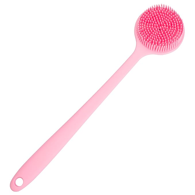 DNC Silicone Back Scrubber for Shower, Soft Bath Body Brush with Long Handle (Pink)